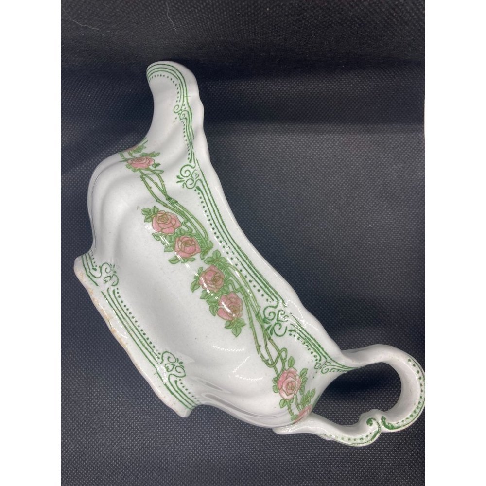 Antique Ridgways England Green Royalist Semi Porcelain Rose Pattern Gravy Boat